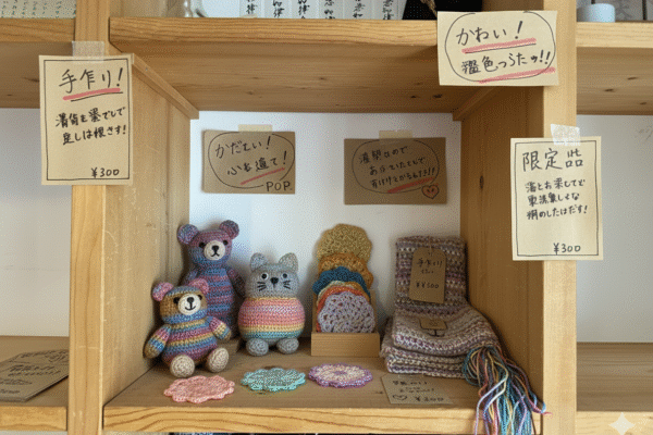 オリジナル編み物アイテム棚 手芸作家さんがオリジナル編み物アイテムを売ったり